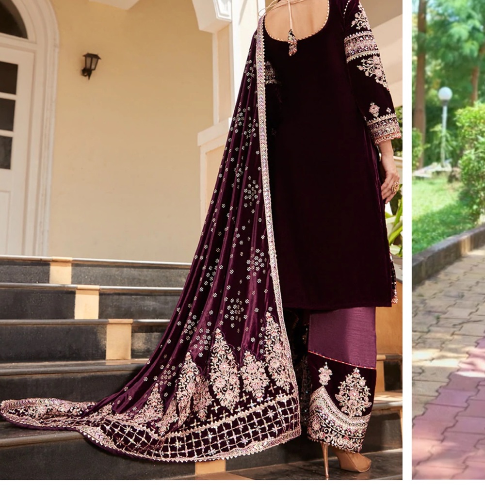 Indian / Pakistani Deep Purple Heavy Embroidered Velvet Palazzo Suit - Picture 5 of 9